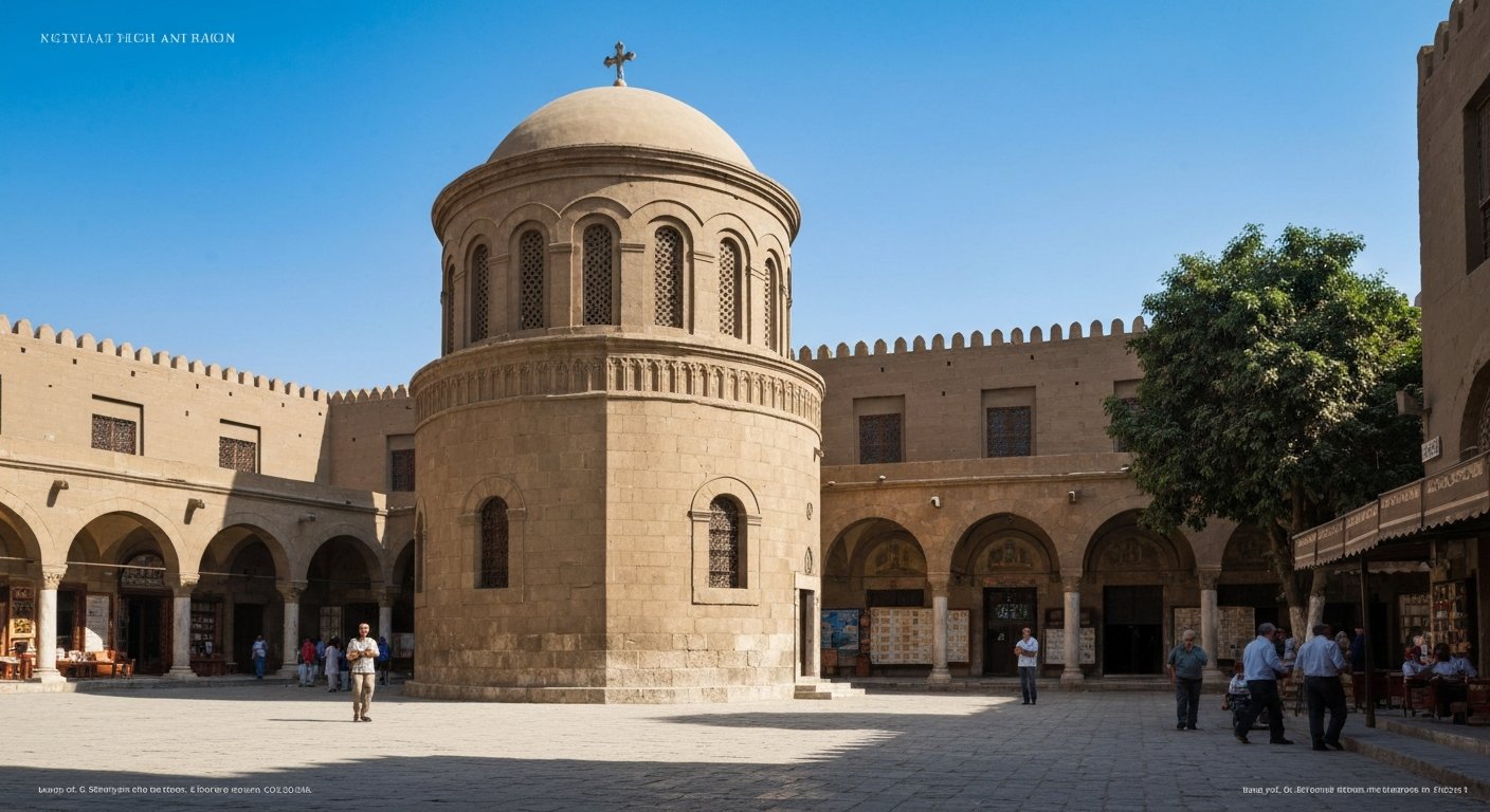 den runda grekisk-ortodoxa Sankt Georgs-kyrkan i Koptiska Kairo, byggd på ett romerskt torn och fotograferad från innergården med klostermurarna runt