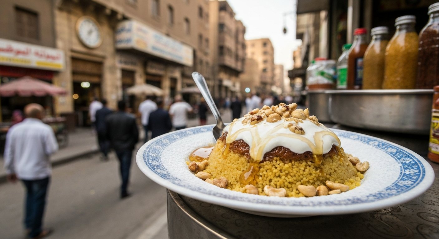 en tallrik varm söt couscous från Abu Ahmed Couscous på Mari Gerges Street, toppad med grädde, honung, florsocker och nötter vid en liten gatukiosk