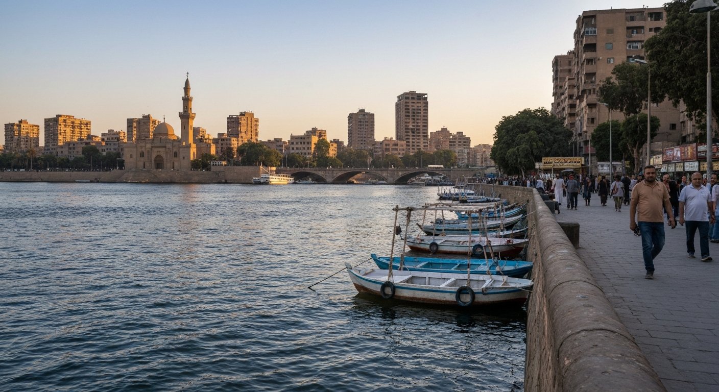 la corniche d'Agouza sur le Nil au coucher du soleil avec des felouques amarrées sous le mur et la silhouette de Zamalek de l'autre côté de l'eau
