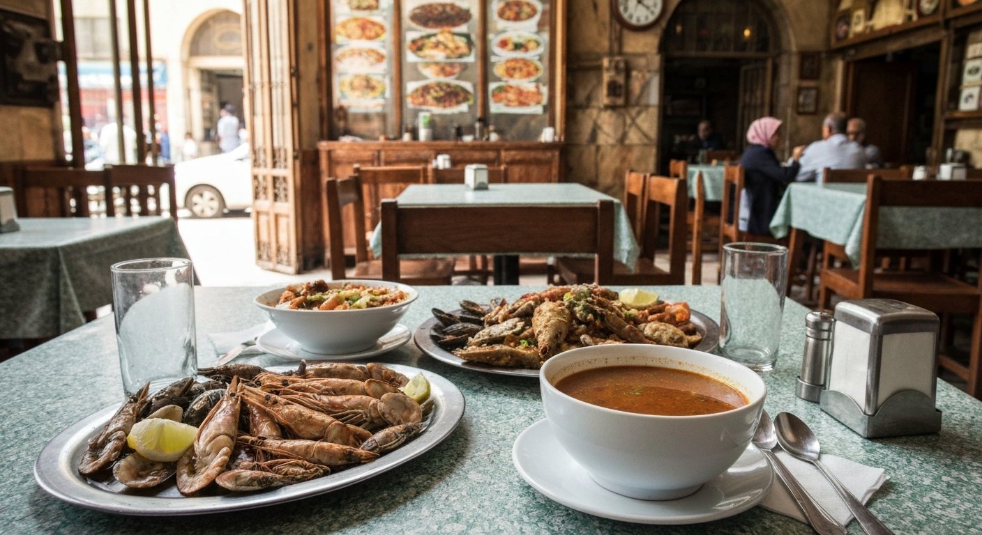 la salle à manger du Flying Fish rue El Nil, tables simples, plateaux de fruits de mer et un bol de soupe de poisson dans un restaurant sans fioritures de 1979