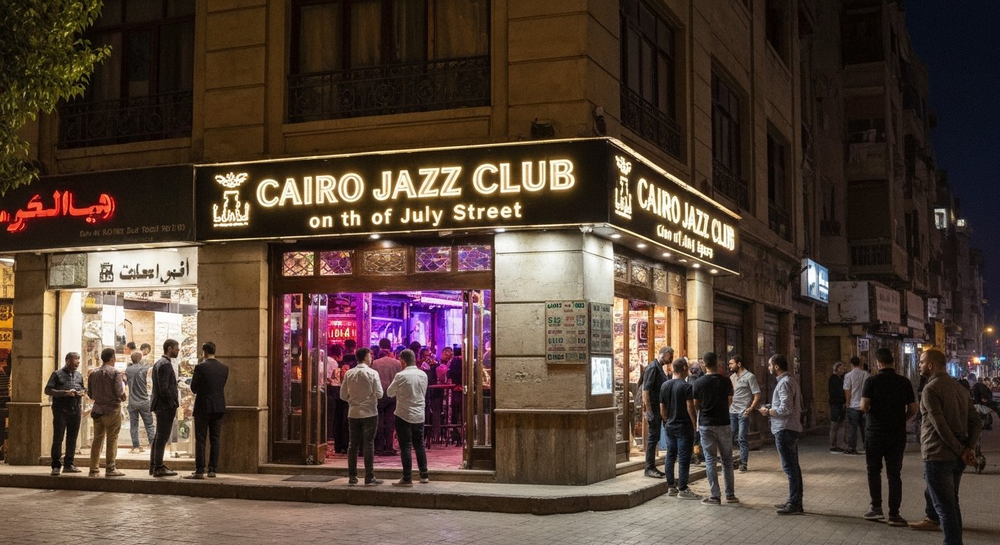 l'extérieur du Cairo Jazz Club rue 26 Juillet la nuit, enseigne lumineuse, des gens font la queue avant le concert