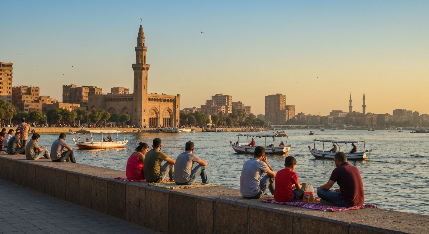 familles pique-niquant sur le mur de la corniche d'Agouza à l'heure dorée avec des felouques sur le Nil et Zamalek de l'autre côté de l'eau