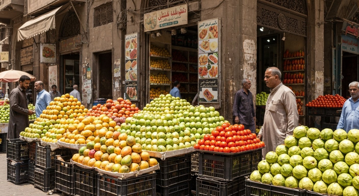 le marché de fruits en plein air de la rue Soliman Gohar à Dokki, caisses de mangues, goyaves et tomates sous un soleil éclatant