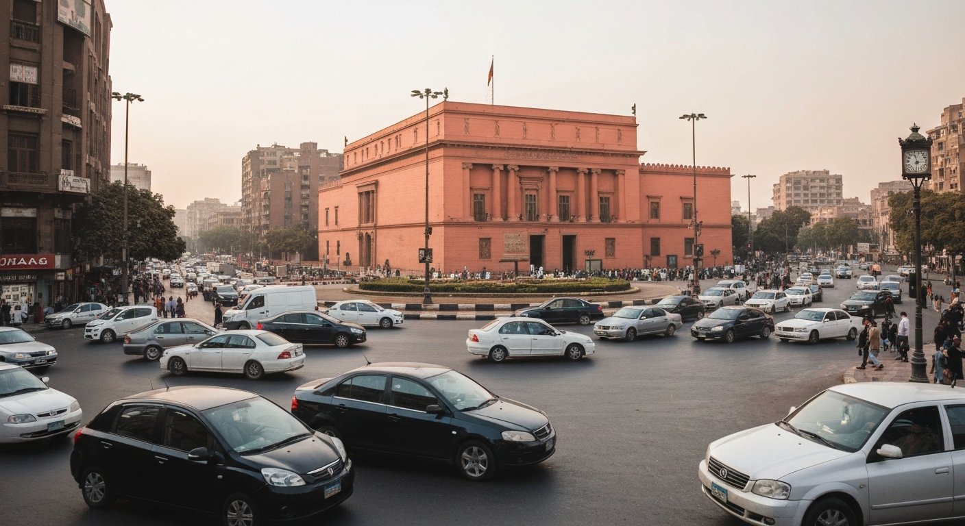 Tahrir Square in downtown Cairo at street level, with the salmon-pink Egyptian Museum facade and thick traffic circling the roundabout under a hazy afternoon sky