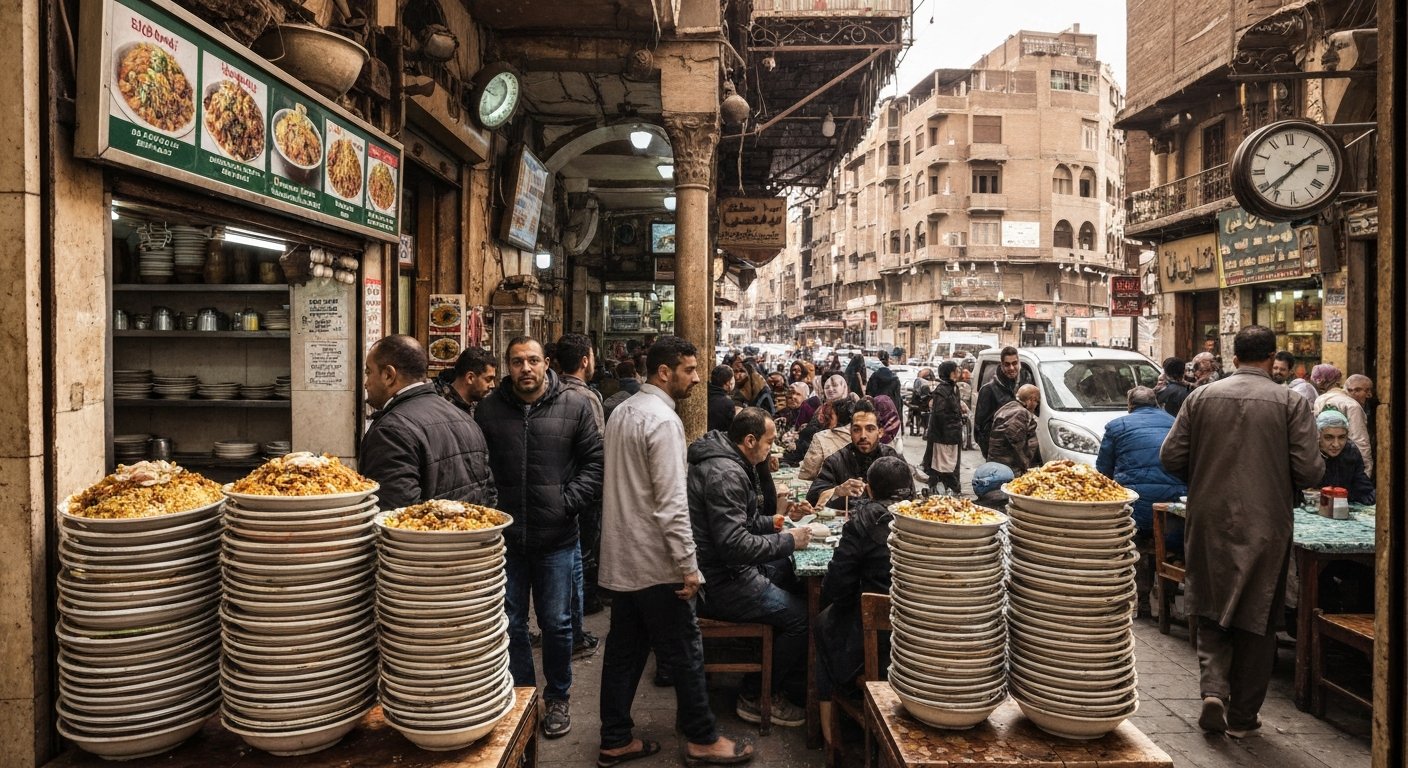 a crowded interior at Koshary Abou Tarek on Marouf and Champollion streets, with stacked bowls of koshari and a busy five-floor dining room