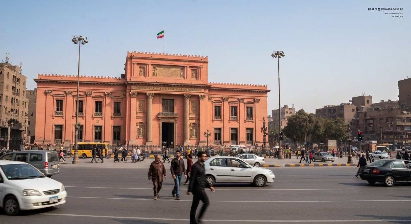 the salmon-pink Egyptian Museum on Tahrir Square, shot from the pavement with traffic and pedestrians in the foreground and the 1902 facade behind