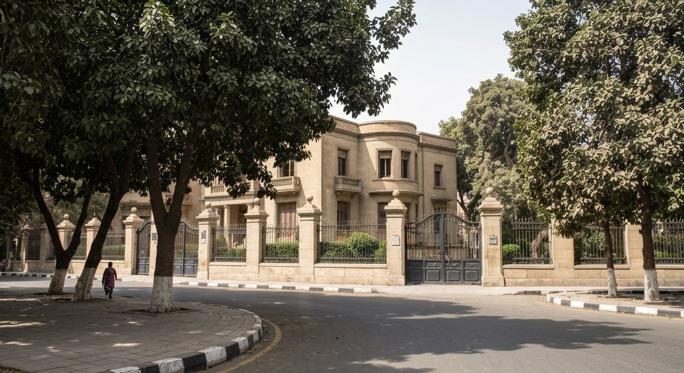 a quiet curving Garden City street at midday, ficus trees shading an Art Deco villa behind embassy-style gates and security barriers