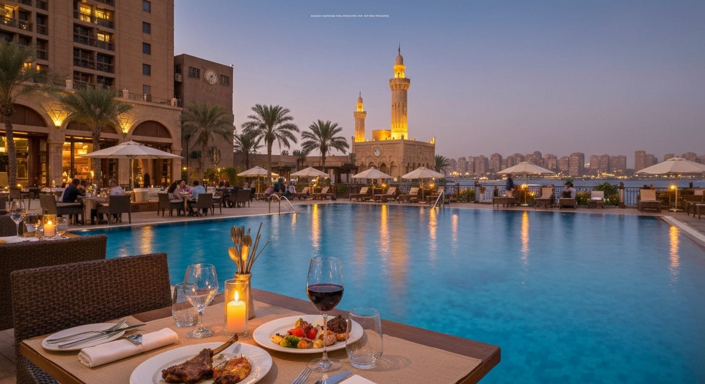 the poolside setting at Byblos inside Four Seasons Cairo at Nile Plaza, candlelit mezze and grilled lamb with the Nile beyond at dusk