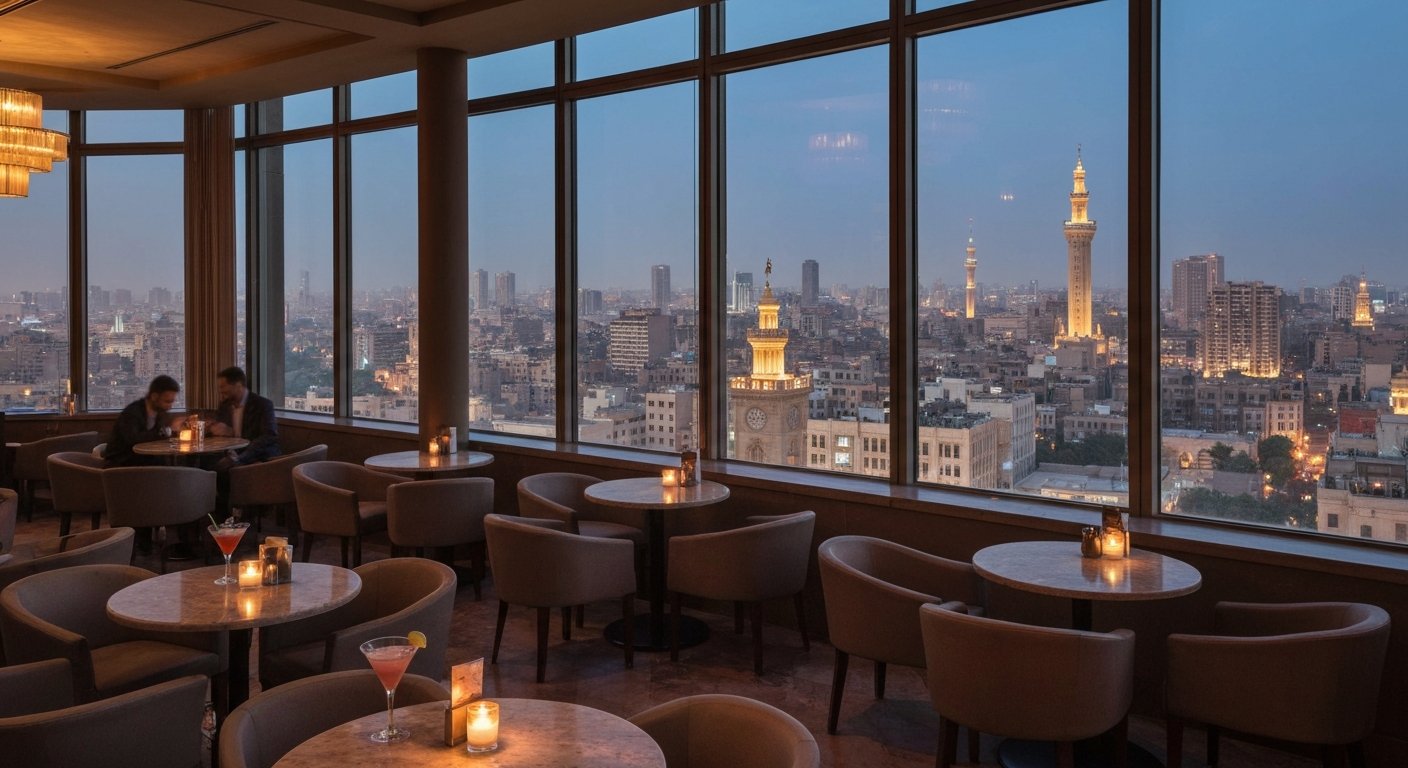 the tenth-floor Jazz Bar at Kempinski Nile Hotel, low-lit cocktails and full Cairo-skyline windows after dark
