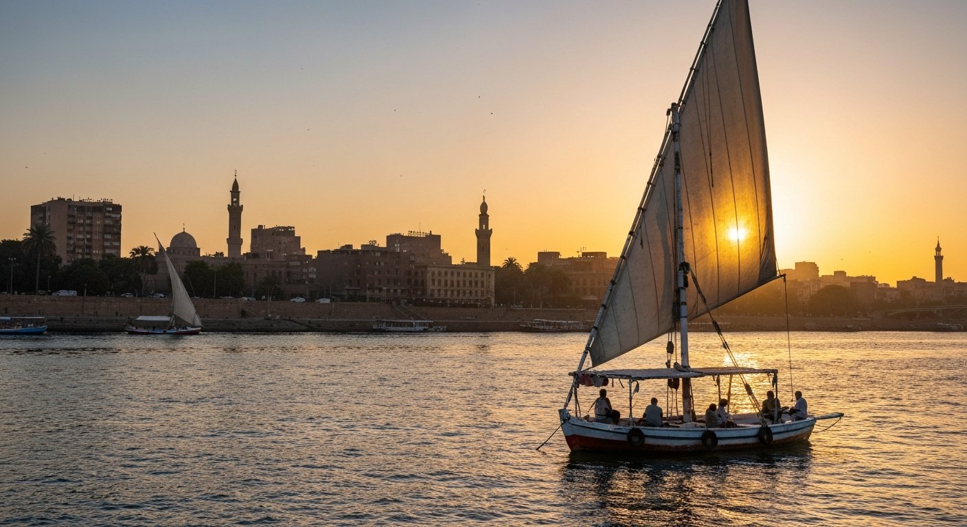 a sunset felucca on the Nile off Garden City, lateen sail catching gold light with the Cairo skyline beyond