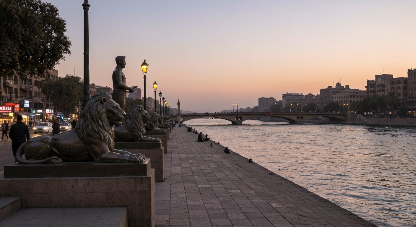 the Qasr al-Nil Bridge lions at dusk, bronze statues silhouetted against the river and evening traffic