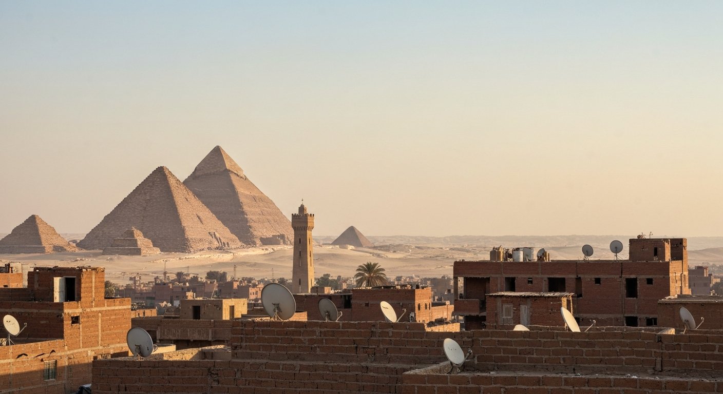 the Pyramids of Giza rising above Nazlet El Semman at dawn, with rooftops, satellite dishes and a pale desert sky in the foreground