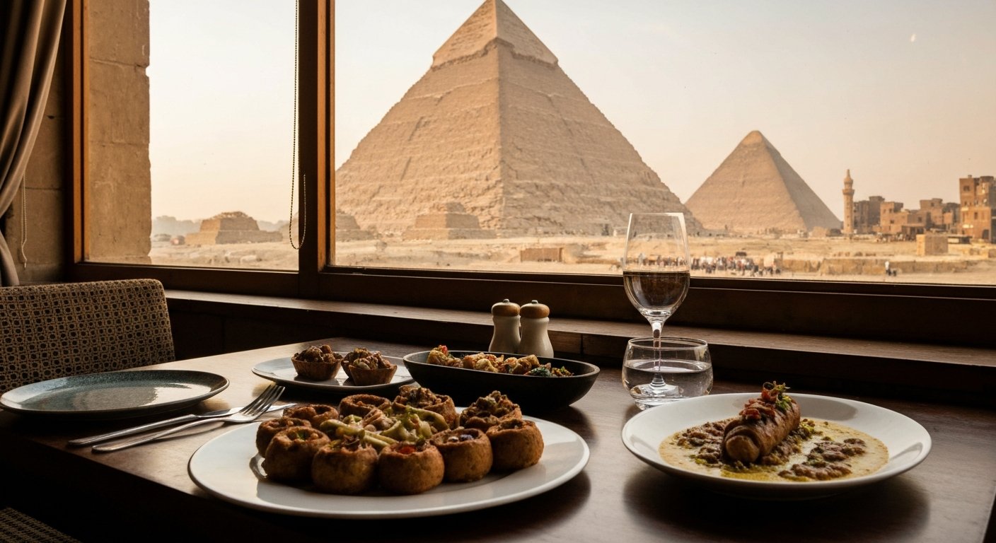 a table at Khufu's with contemporary Egyptian tasting dishes in the foreground and the Great Pyramid filling the window behind, late-afternoon light across the glass
