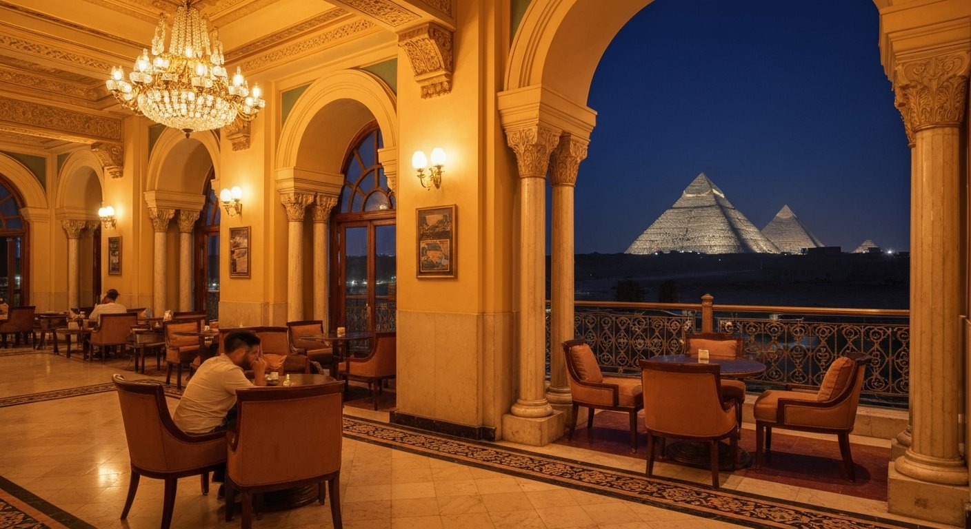 the Sultan Lounge at Marriott Mena House at night, warm light on gilded interiors with the illuminated pyramids visible through the windows