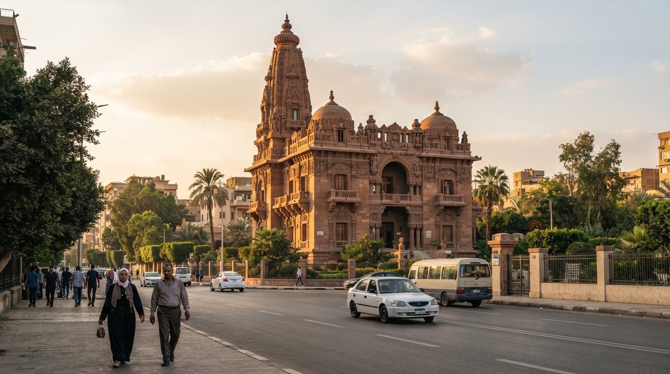 Baron Empain Palace on El-Orouba Street at late afternoon, terracotta towers and carved Hindu-Khmer details rising above the desert-toned facade