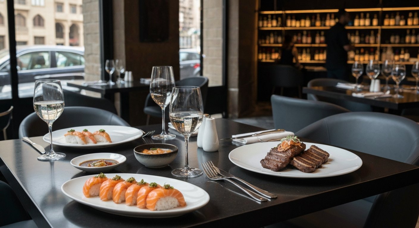 a polished dinner table at SACHI Heliopolis with salmon tataki, nigiri and short ribs in a sleek restaurant-bar setting