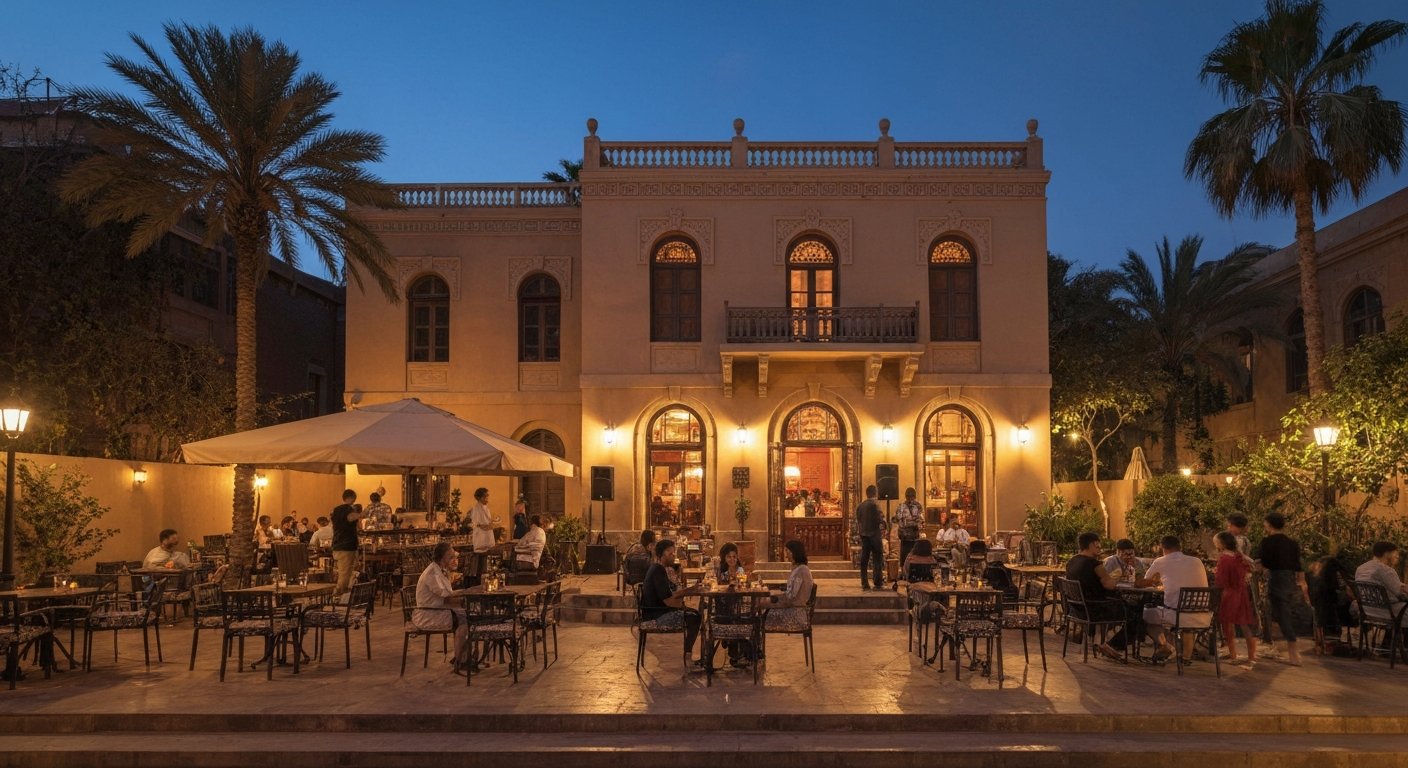 the terrace of the 1920s Boutique Hotel at night, warm lights under a restored villa facade with live music and guests outdoors