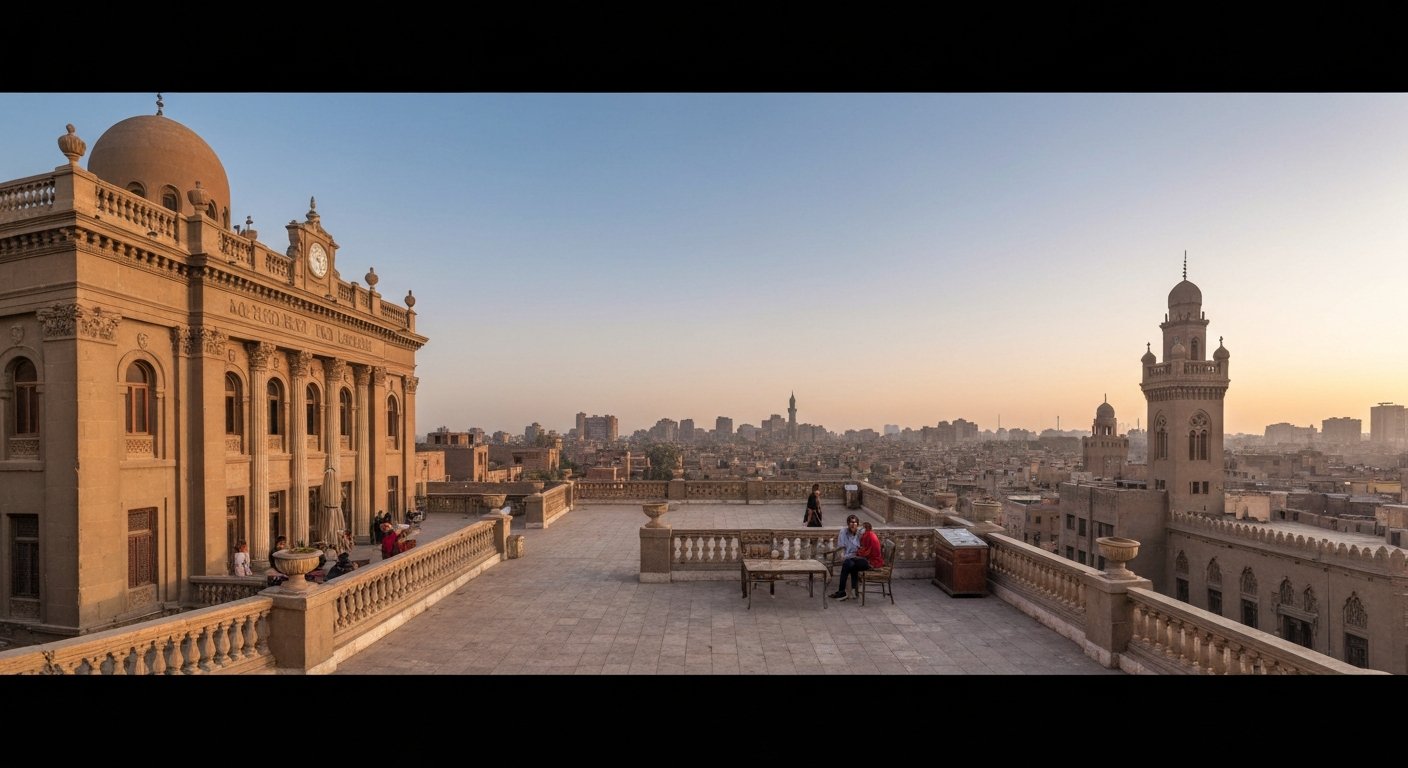 the Baron Empain Palace rooftop panorama at sunset, Cairo spreading beyond the restored mansion and its ornate terrace