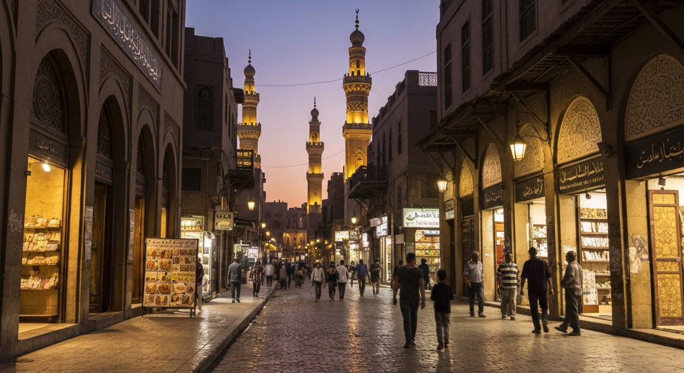 Al-Muizz Street in Islamic Cairo at dusk, floodlit Mamluk façades, pedestrians and minarets glowing above the lane