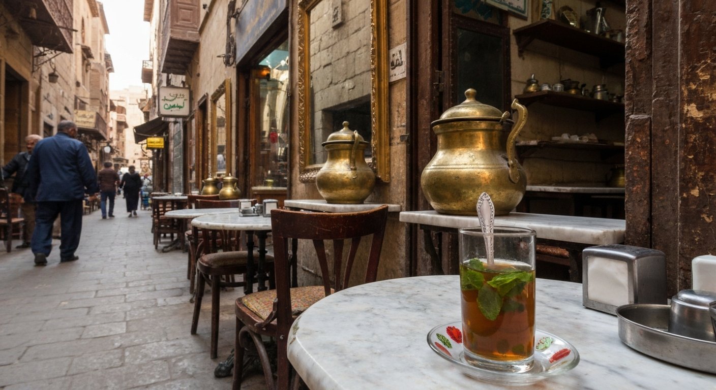 El Fishawy alley café in Khan el-Khalili, tarnished mirrors, brass pots, marble tables and a glass of sand-heated mint tea