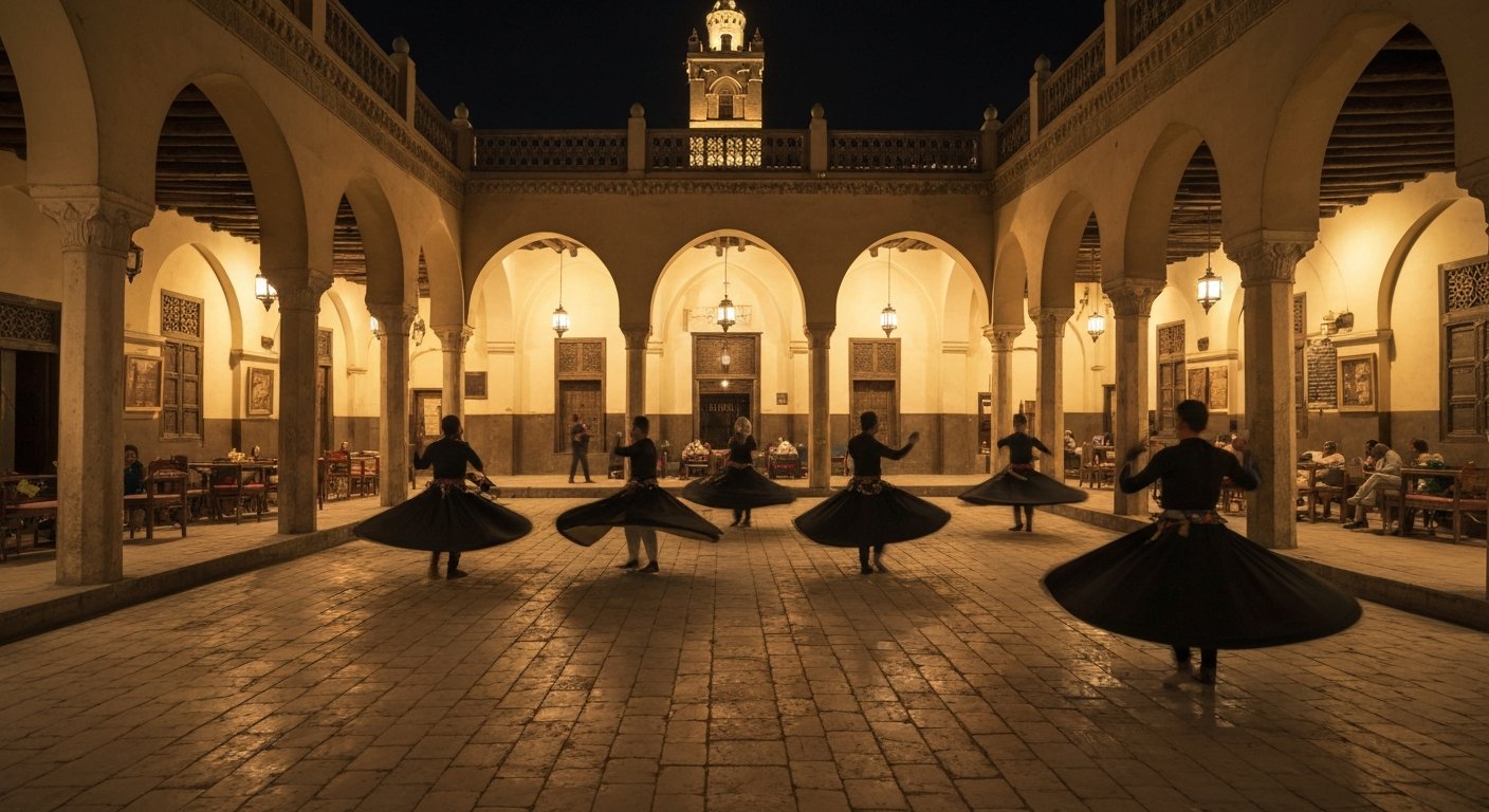 Wekalet El Ghouri courtyard at night, Tanoura dancers in spinning skirts under warm lights in a restored Mamluk caravanserai