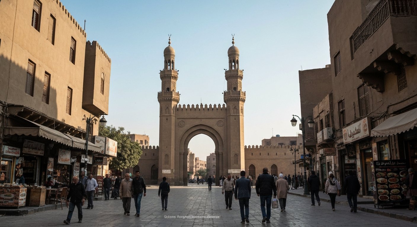 Bab Zuweila twin minarets seen from below on a clear afternoon, the southern Fatimid gate rising above the lane