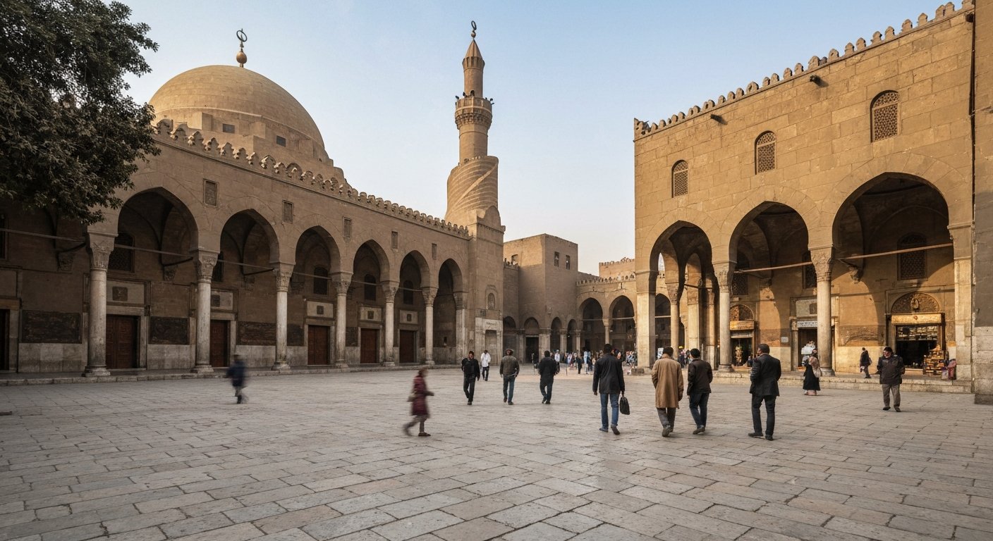 the courtyard of Ibn Tulun Mosque with its spiral minaret and the quiet stone geometry of the mosque at midday