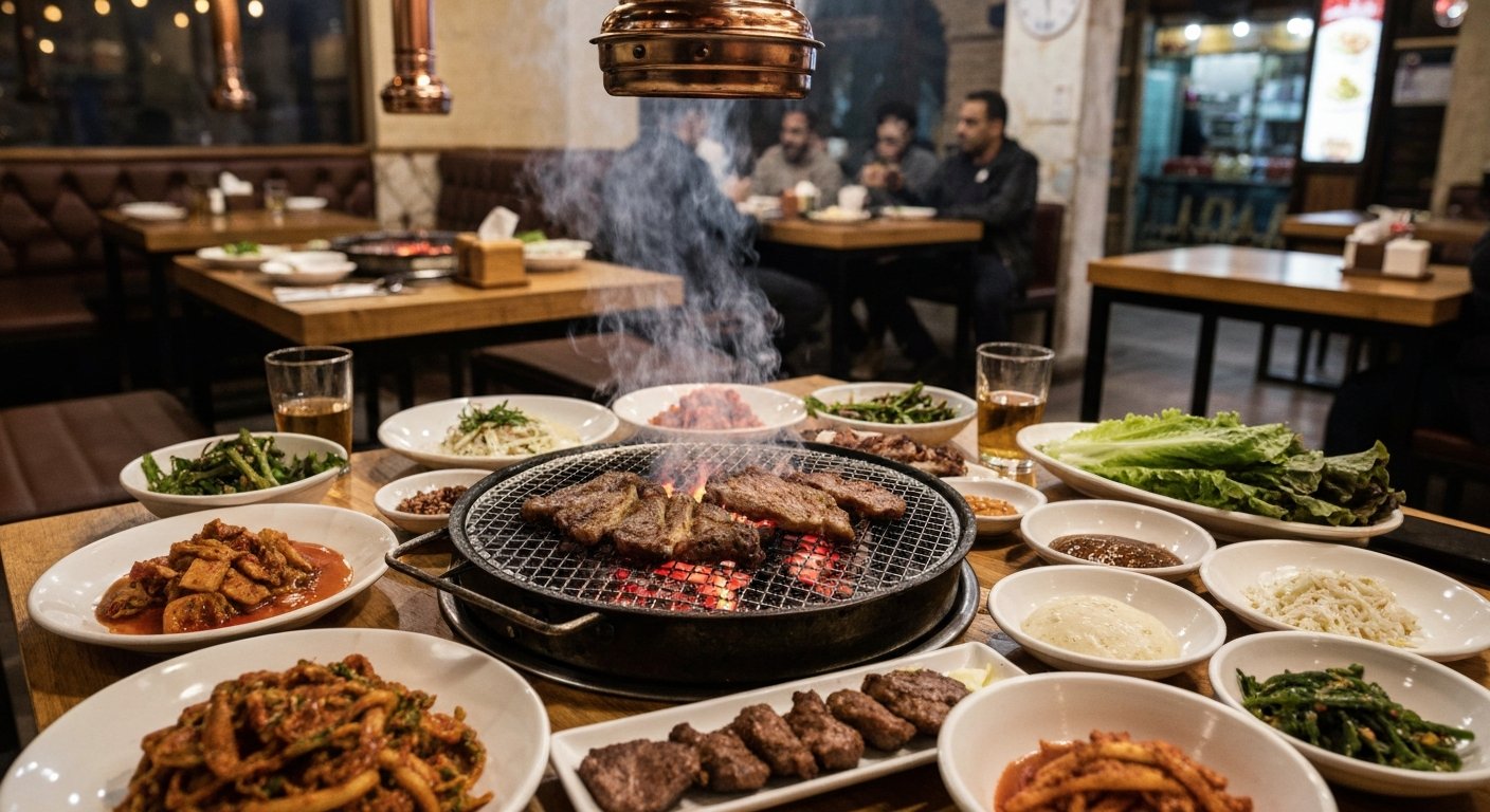 a tabletop barbecue spread at Gaya on Road 218 in Degla, with grilled meat, banchan and charcoal smoke in a cosy restaurant interior