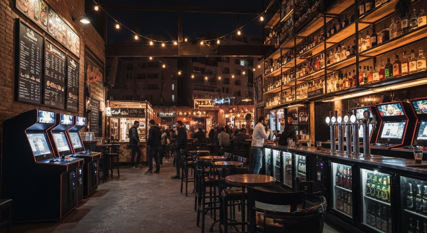 The Tap Maadi at night, with craft-beer taps, arcade machines and a lively bar crowd under warm interior lighting
