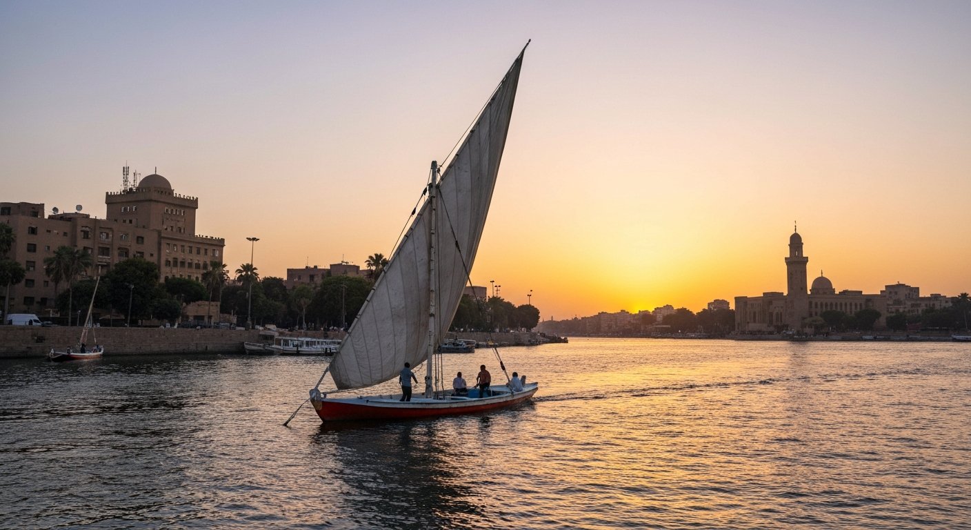 a felucca on the Maadi Corniche near the Japanese embassy at sunset, sail catching the last light over the Nile
