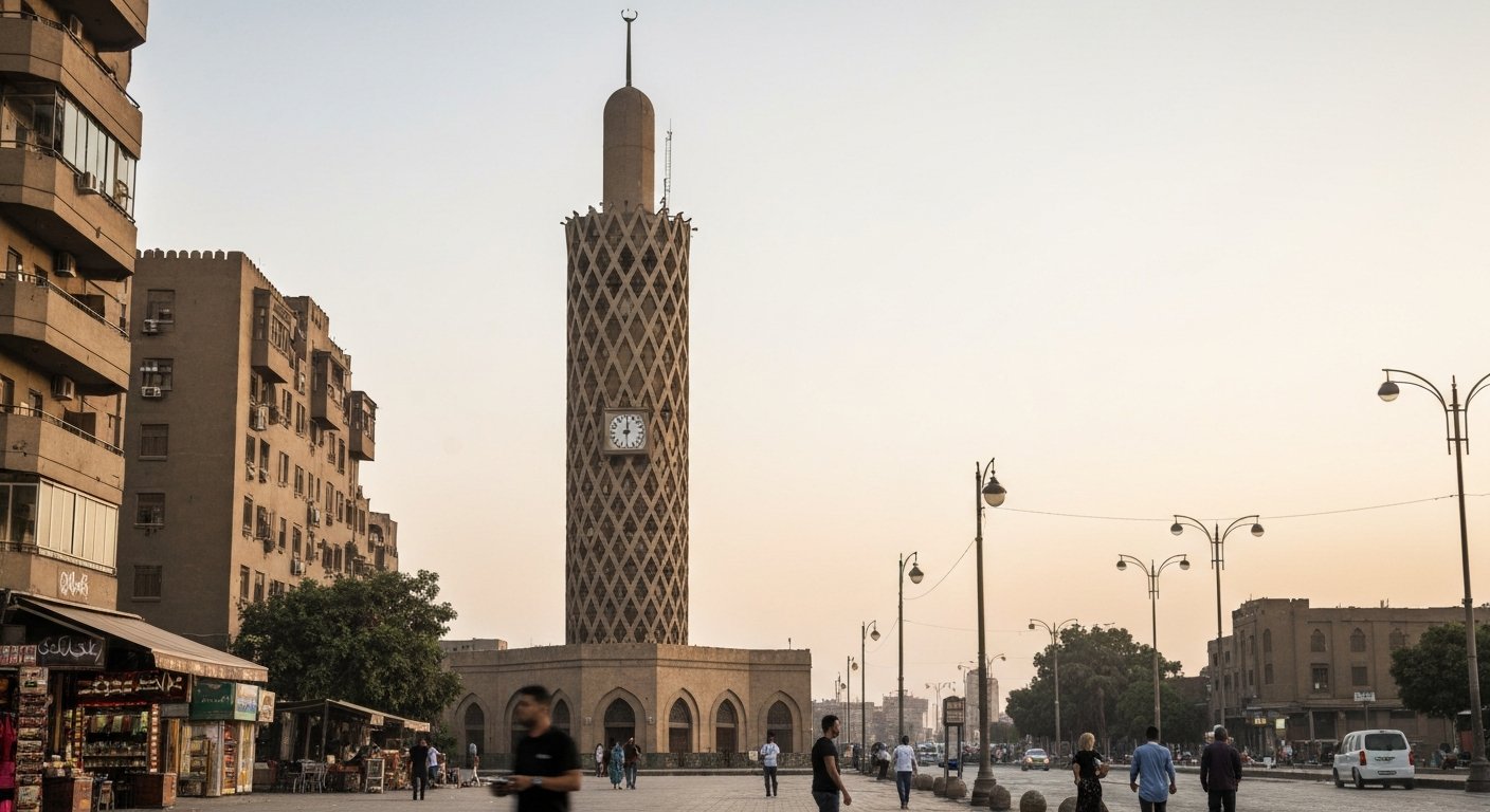 Cairo Tower rising above Gezira island at late afternoon, its lotus-lattice concrete shaft against a pale Cairo sky
