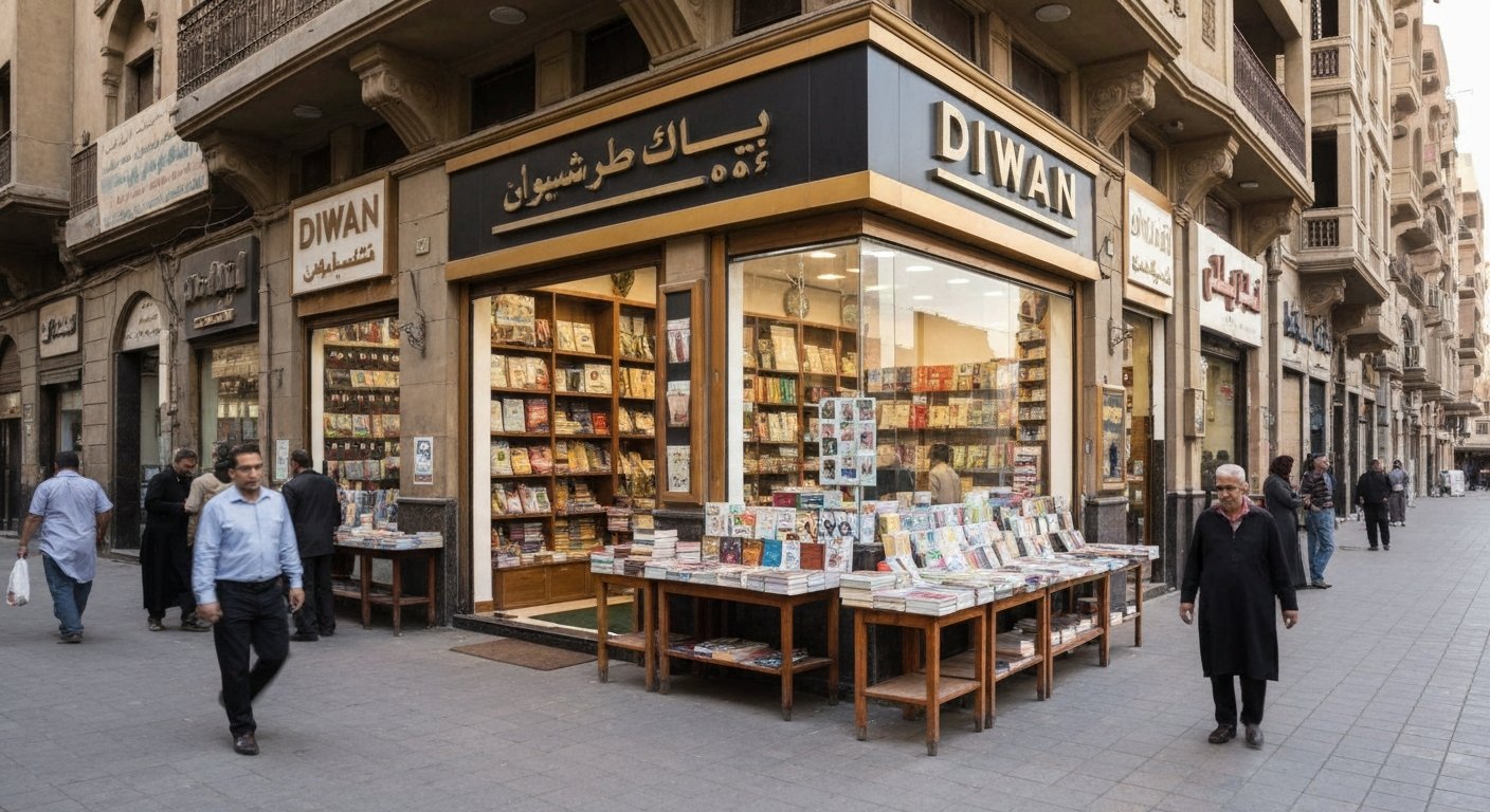 Diwan bookshop on 26th July Street, its bright storefront and browsing tables visible from the pavement in daytime light